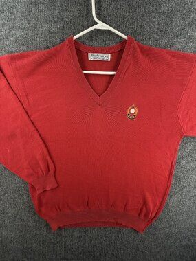 Burberry Golf V-Neck Long Sleeve Red Scotland Pullover Logo Knit Sweater ~L